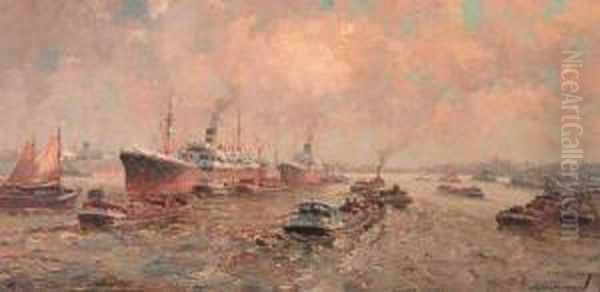 Cargo Ships Unloading Into Barges On The Nieuwe Maas,rotterdam Oil Painting by Gerardus Johannes Delfgaauw