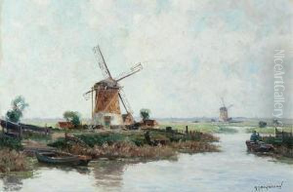 Mills In A Polder Landscape Oil Painting by Gerarrd Delfgaauw