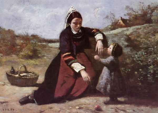 Breton Woman and her Little Girl, 1855-65 Oil Painting by Jean-Baptiste-Camille Corot