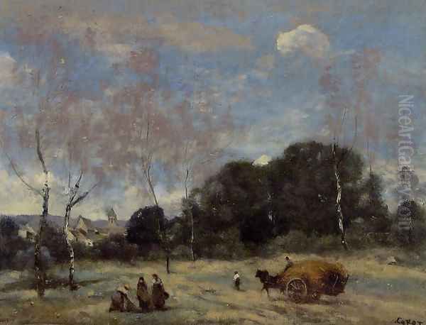 Return of the Hayers to Marcoussis Oil Painting by Jean-Baptiste-Camille Corot