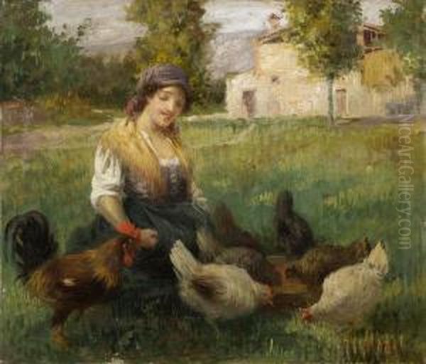 Giovinetta Nell'aia Con Galline Oil Painting by Arnaldo Delisio