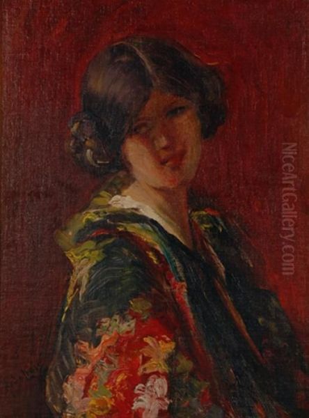 Giovane Donna Con Veste A Fiori Oil Painting by Arnaldo Delisio