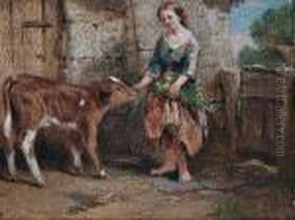 Feeding The Calf Oil Painting by John Henry Dell