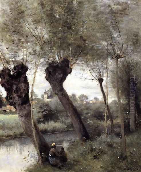 Saint-Nicholas-les-Arras; Willows on the Banks of the Scarpe Oil Painting by Jean-Baptiste-Camille Corot