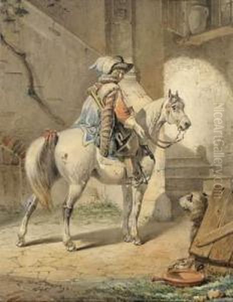 Un Trompette A Cheval Oil Painting by Cesare Felix dell' Acqua