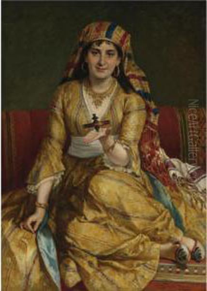 A Woman In Oriental Costume Playing With A Spinning Top Oil Painting by Cesare Felix dell' Acqua