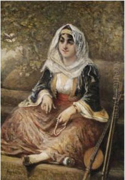 The Yayly Tanbur Player Oil Painting by Cesare Felix dell' Acqua