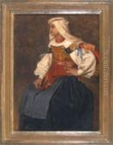 Portrait Einer Jungen 
Italienerin In Tracht Im Profil Halb Nach Links, Die Linke In Die Seite 
Gestutzt Oil Painting by Cesare Felix dell' Acqua