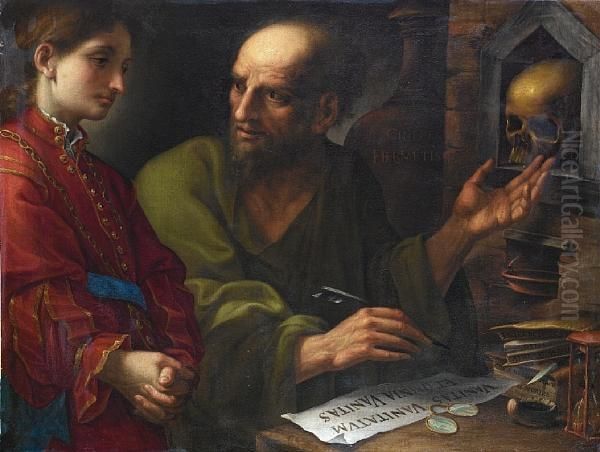 An Alchemist Instructing A Young Apprentice In His Studio Oil Painting by Pietro Della Vecchio