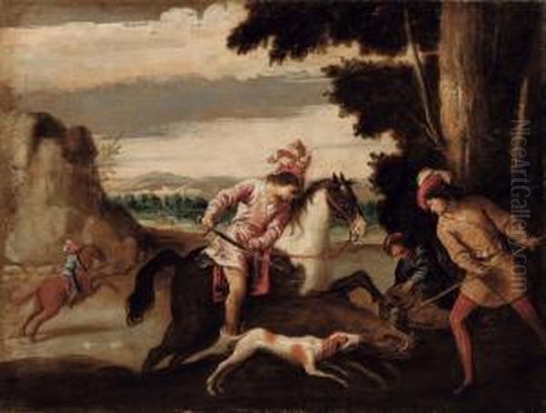 Caccia Al Cinghiale Olio Su Tela Oil Painting by Pietro Della Vecchio