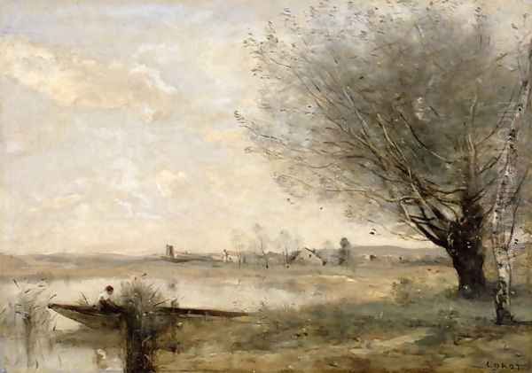 Fisherman Moored at a Bank Oil Painting by Jean-Baptiste-Camille Corot