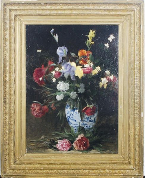 Bouquet Of Irises, Poppies And Peonies Oil Painting by Francois Alfred Delobbe