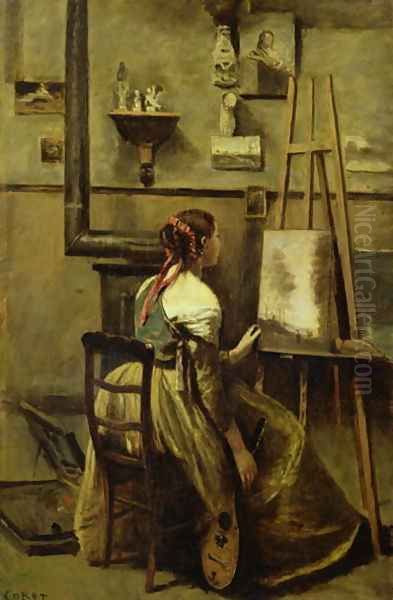 The Studio of Corot, or Young woman seated before an Easel, 1868-70 Oil Painting by Jean-Baptiste-Camille Corot