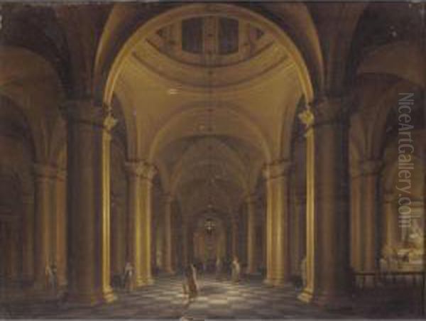 Elegant Figures In A Nocturnal Church Interior Oil Painting by Anthonie De Lorme