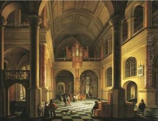 The Interior Of A Protestant Church At Night With Elegant Figures In The Foreground Oil Painting by Anthonie De Lorme