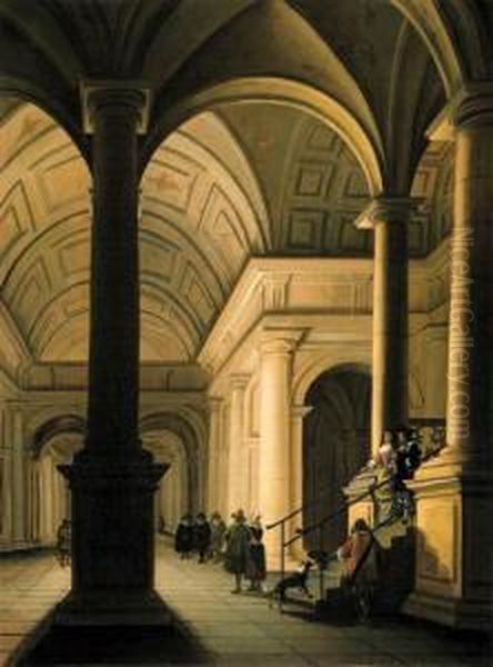 The Interior Of A Palace At Night With An Elegant Couple Makingtheir Entrance Oil Painting by Anthonie De Lorme