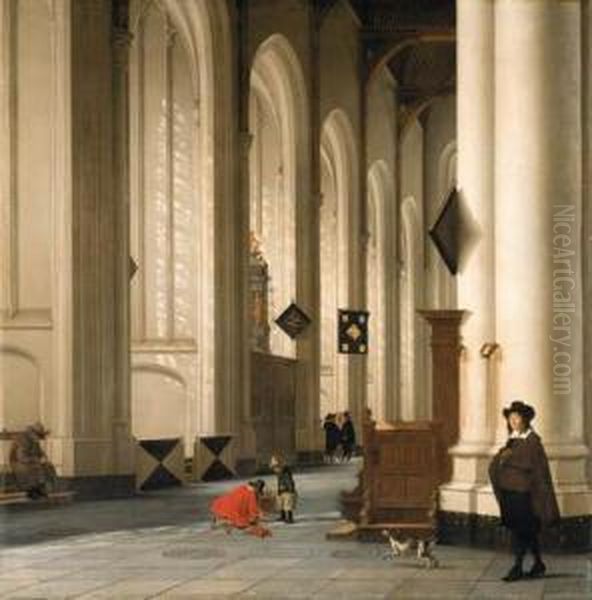 The Interior Of The Grote Kerk, Rotterdam, With Figures And Adog Oil Painting by Anthonie De Lorme