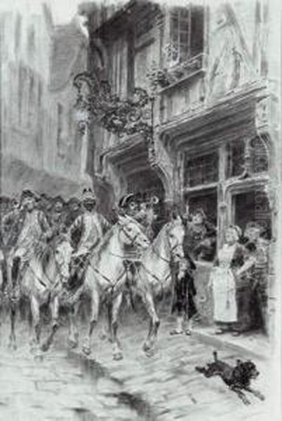 Entree Du Regiment Habille Comme A L'epoque Louis Xv Dans Une Ville Medievale Oil Painting by Charles Edouard Edmond Delort