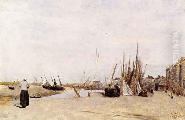 Fishermen's Quay, Trouville Oil Painting by Jean-Baptiste-Camille Corot