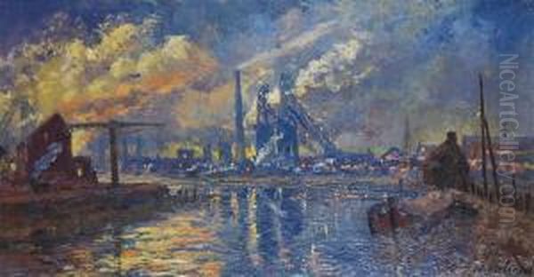 Factories Near The River Schelde Oil Painting by Willem Charles L. Delsaux