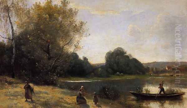 Ville d'Avray - The Boat Leaving the Shore Oil Painting by Jean-Baptiste-Camille Corot