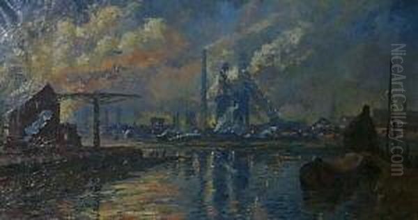 Hafenbecken Mit Industrieanlage. Unten Rechts Signiert W. Delsaux Oil Painting by Willem Charles L. Delsaux