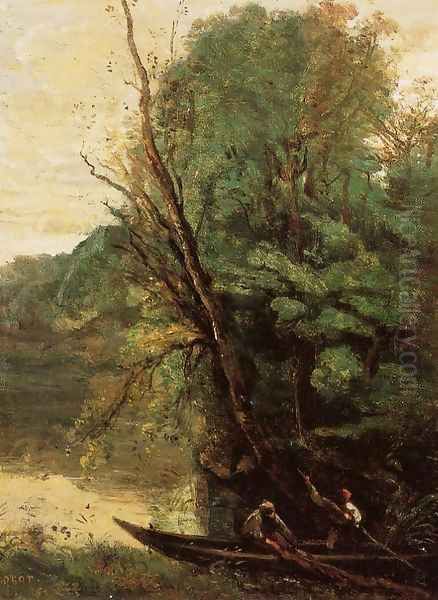 Fishing with Nets, Evening Oil Painting by Jean-Baptiste-Camille Corot