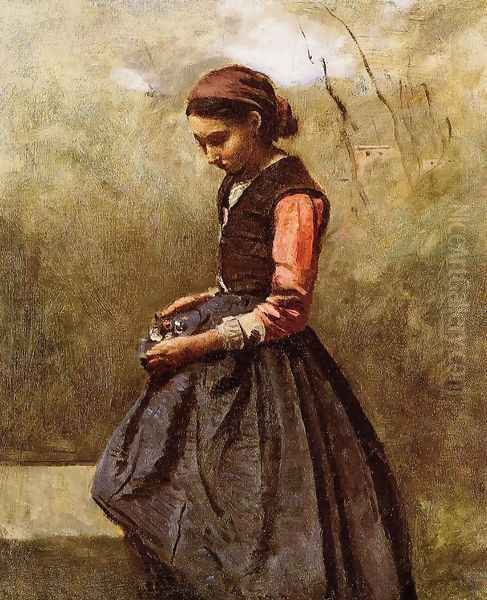 Pensive Young Woman Oil Painting by Jean-Baptiste-Camille Corot