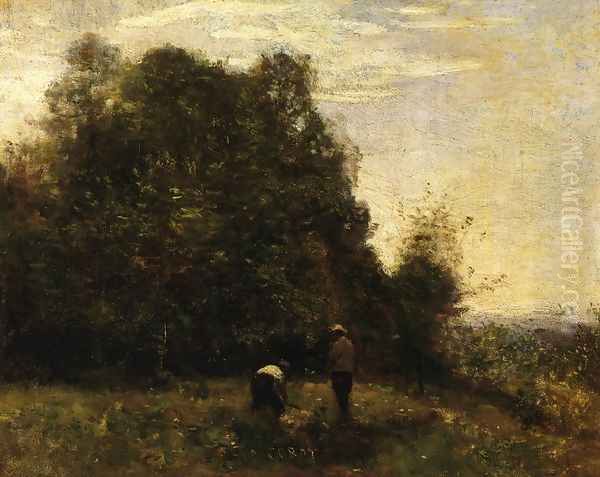 Two Figures - Working in the Fields Oil Painting by Jean-Baptiste-Camille Corot