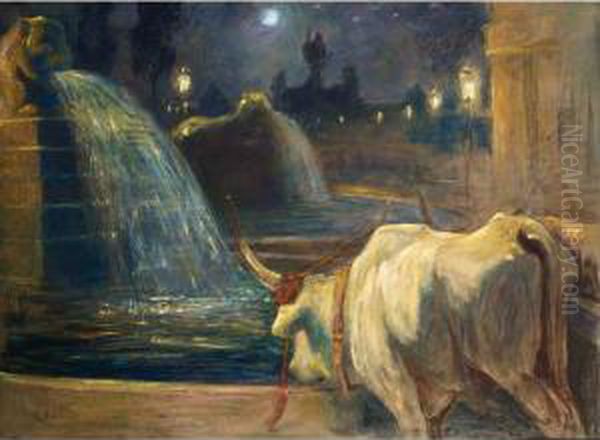 An Ox Near A Fountain Oil Painting by Jean Joseph Delvin