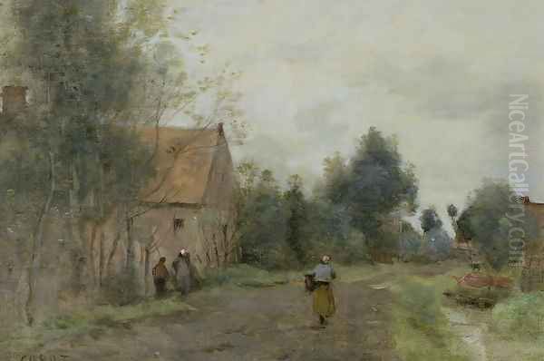 Sin near Douai, Village Street in the Morning, Grey Weather, 1872 Oil Painting by Jean-Baptiste-Camille Corot