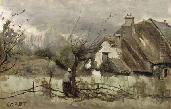 Thatched cottage in Picardie Oil Painting by Jean-Baptiste-Camille Corot