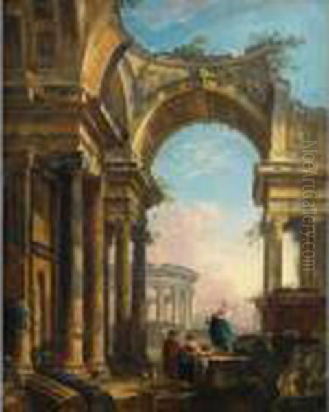 Lavandieres Dans Un Paysage De Ruines Romaines Avec Un Temple Devesta Oil Painting by Pierre-Antoine Demachy