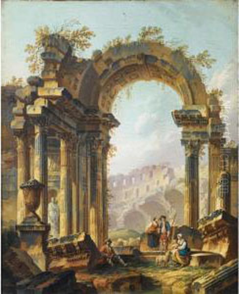 Bergers Se Reposant Dans Un Paysage De Ruines Romaines Oil Painting by Pierre-Antoine Demachy