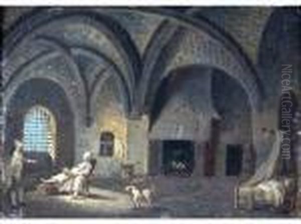 Interieur De La Conciergerie Avec Louis Xvi Lisant. Oil Painting by Pierre-Antoine Demachy