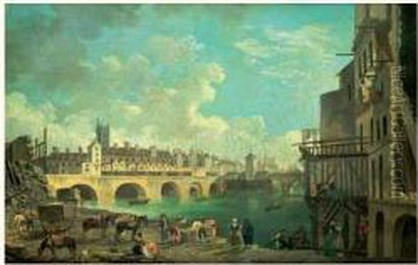 La Demolition Des Maisons Du 
Pont Au Change, Derriere, La Tour Saint Jacques, Le Quai De Gesvres Et 
Le Pont Notre-dame Oil Painting by Pierre-Antoine Demachy