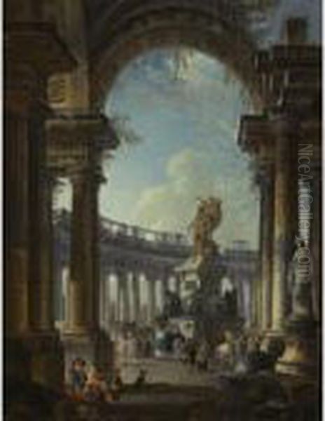 Imaginary Rotonda With The Statue Of Louis Xiv Oil Painting by Pierre-Antoine Demachy