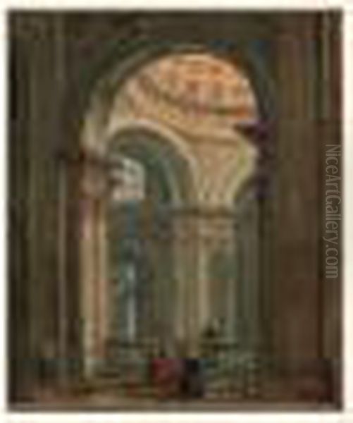 Interieur D'eglise Avec Personnages Oil Painting by Pierre-Antoine Demachy