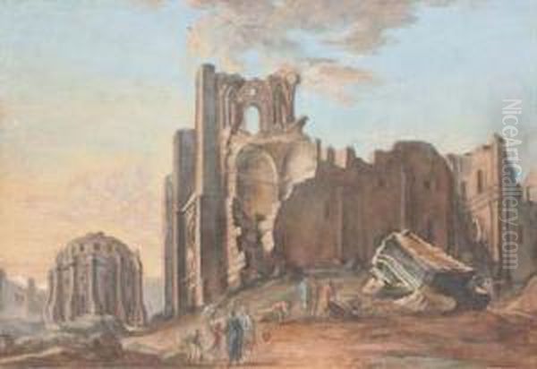 Un Paysage Avec Des Ruines, Des Visiteurs Au Premier Plan Oil Painting by Pierre-Antoine Demachy