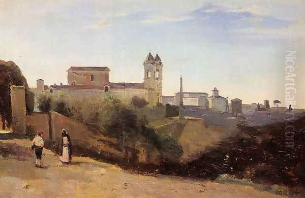 Rome, Monte Pinco, the Trinita dei Monte, View from the Garden of the Academie de France Oil Painting by Jean-Baptiste-Camille Corot