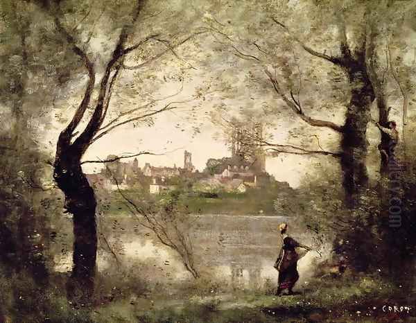 View of the Town and Cathedral of Mantes Through the Trees, Evening Oil Painting by Jean-Baptiste-Camille Corot