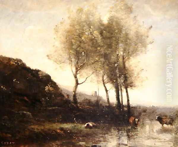 Cowherd Resting at the Foot of Cool Hills, c.1855-65 Oil Painting by Jean-Baptiste-Camille Corot