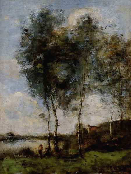 Pecheur Au Bord De la Riviere Oil Painting by Jean-Baptiste-Camille Corot