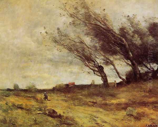 Windswept Landscape Oil Painting by Jean-Baptiste-Camille Corot