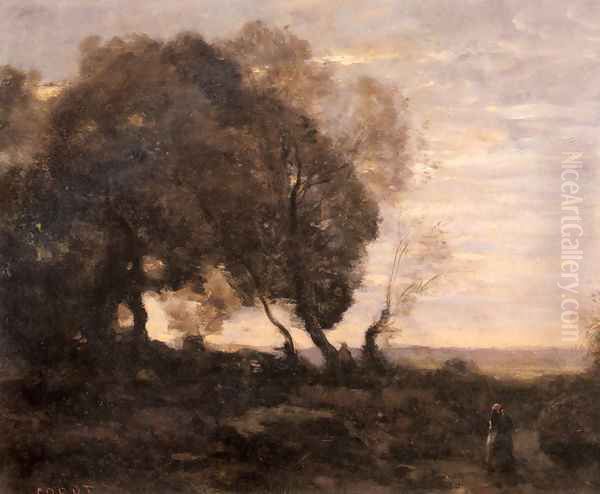 Arbres Tordus Sur Une Crete (Soleil Couchant) Oil Painting by Jean-Baptiste-Camille Corot