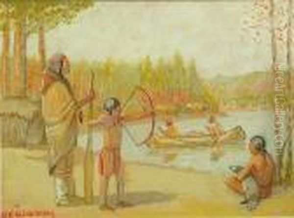 A Winnebago Father Teaching His Boy Toshoot Oil Painting by Edwin Willard Deming