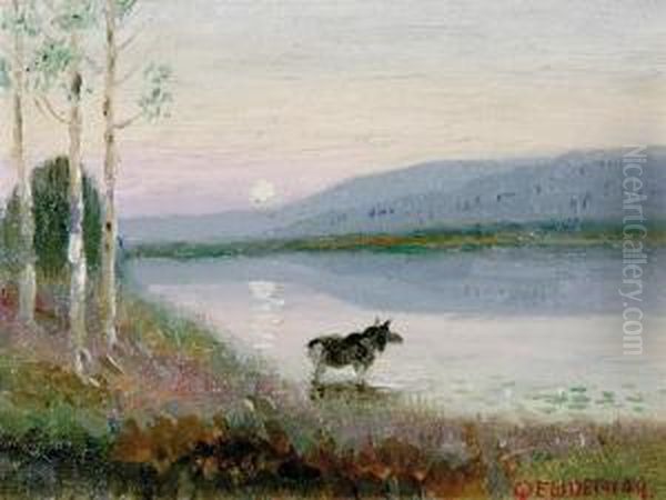 Moose By A Lake Oil Painting by Edwin Willard Deming