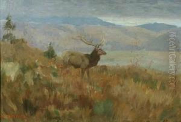 The Elk In A Western Landscape Oil Painting by Edwin Willard Deming