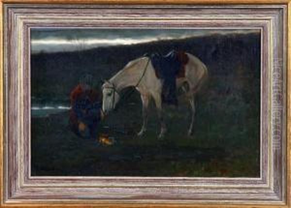 Military Officer Kneeling At Fire With Horse Oil Painting by Edwin Willard Deming