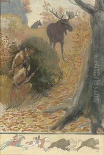 Hunting Wild Moose Oil Painting by Edwin Willard Deming